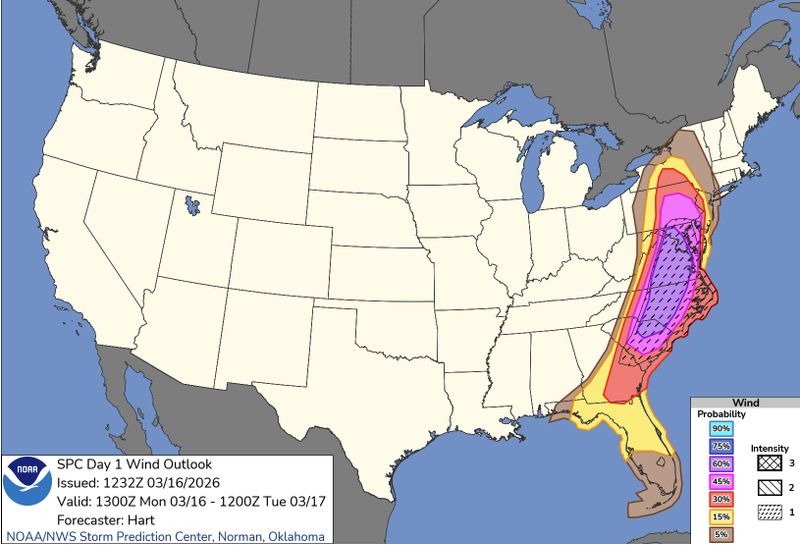 Strong winds will likely cause damage to homes, siding, and roofs on March 16, 2026 in Raleigh, North Carolina.