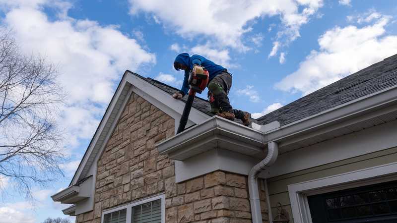 A Roof Revivers roofer cleaning out gutters following a roof replacement at Maplewood Condominiums Association.