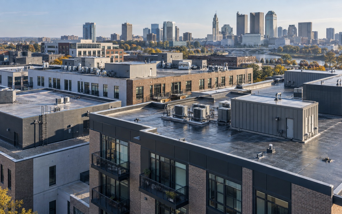 Concept image of urban condominium and commercial rooftops for the Columbus service area