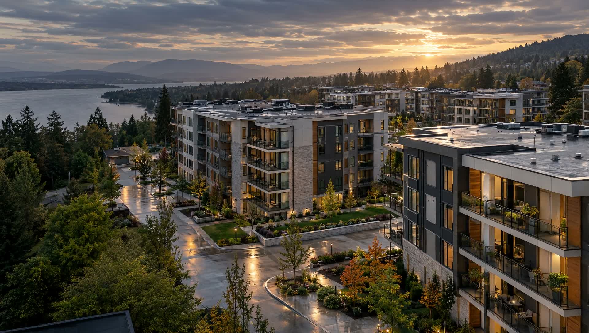 Cinematic concept of condominium rooftops at sunset
