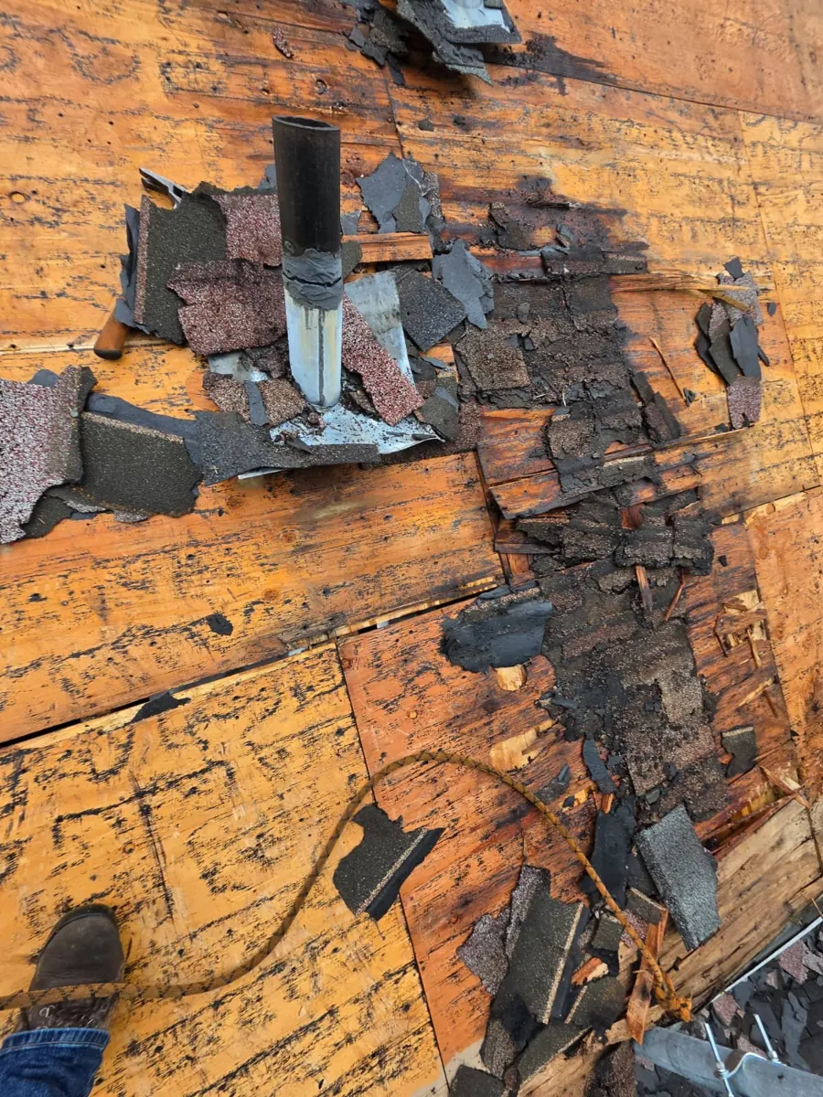 Both shingle layers torn off down to the decking on a Columbus, Ohio roof replacement