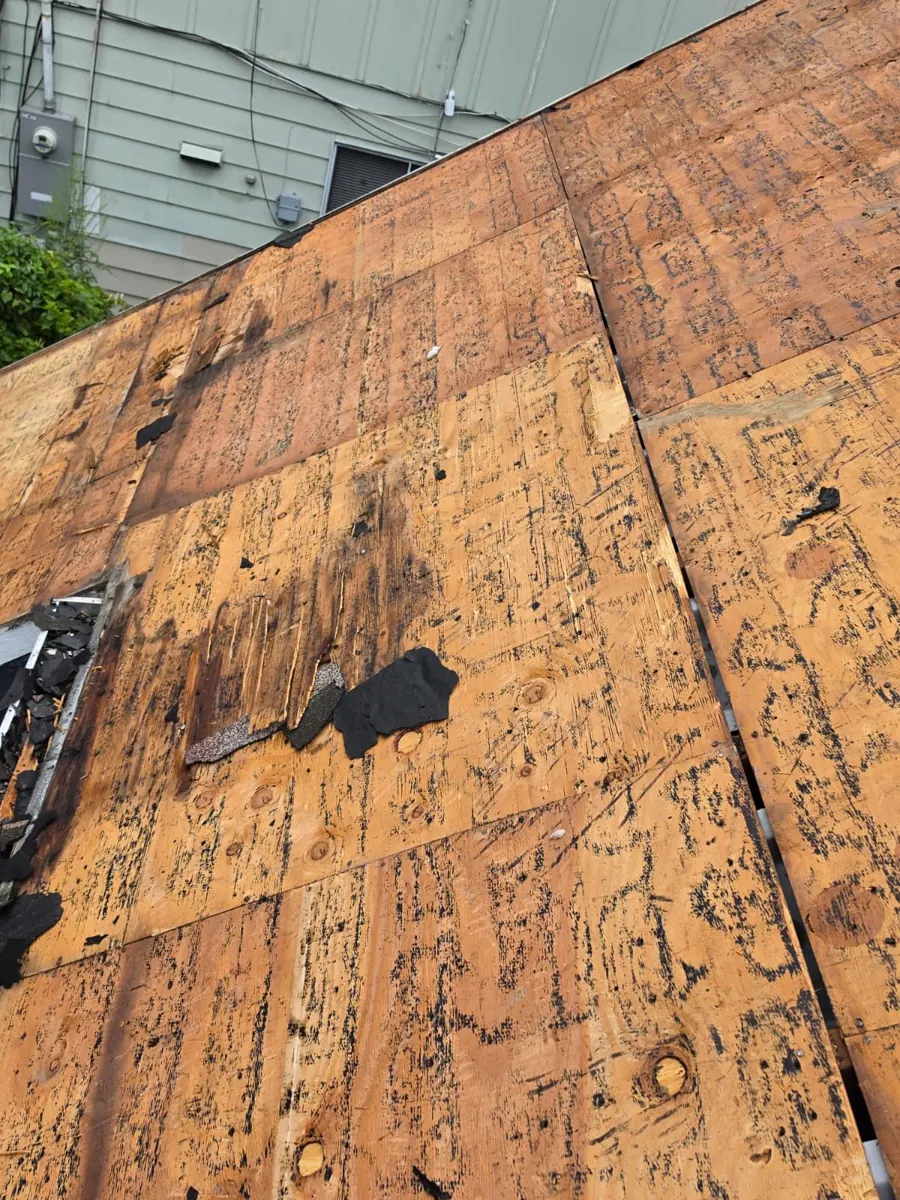 Exposed roof deck during a Columbus, Ohio tear-off