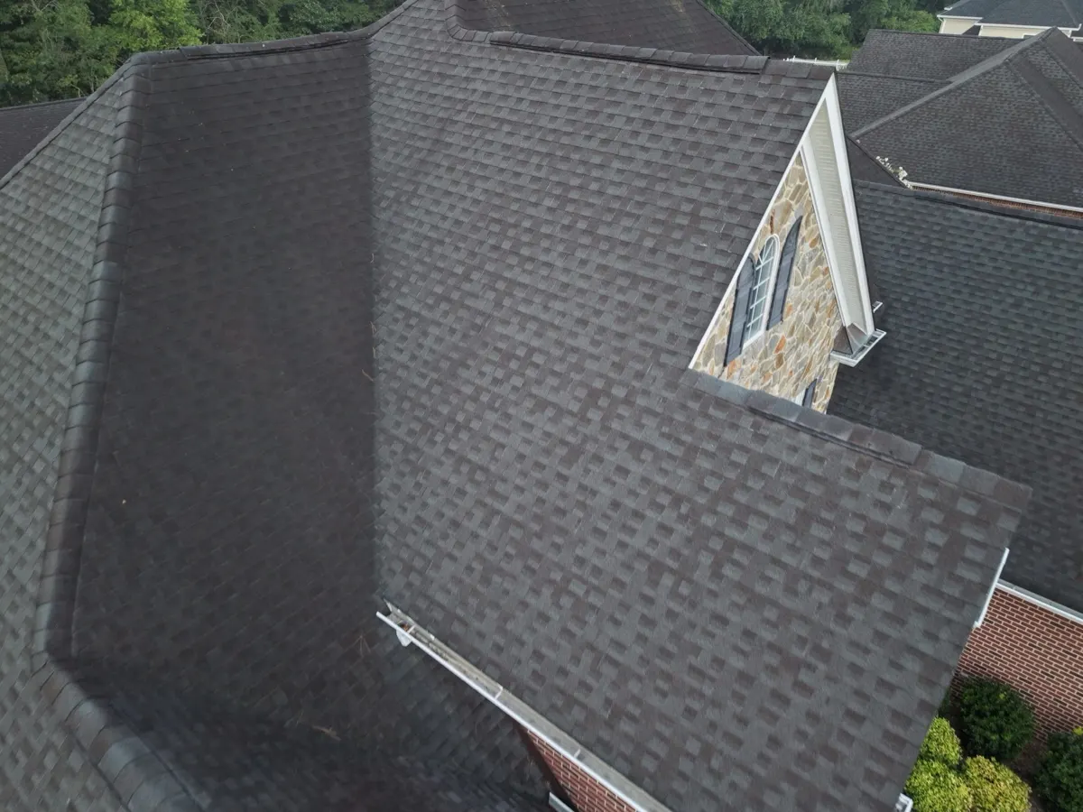 New shingles across intersecting roof planes on a Dunn, North Carolina home, after replacement