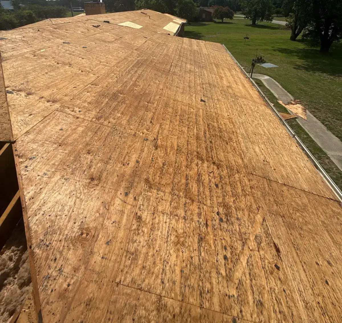 Roof deck exposed after tear-off of the old shingles on a Goldsboro, North Carolina home
