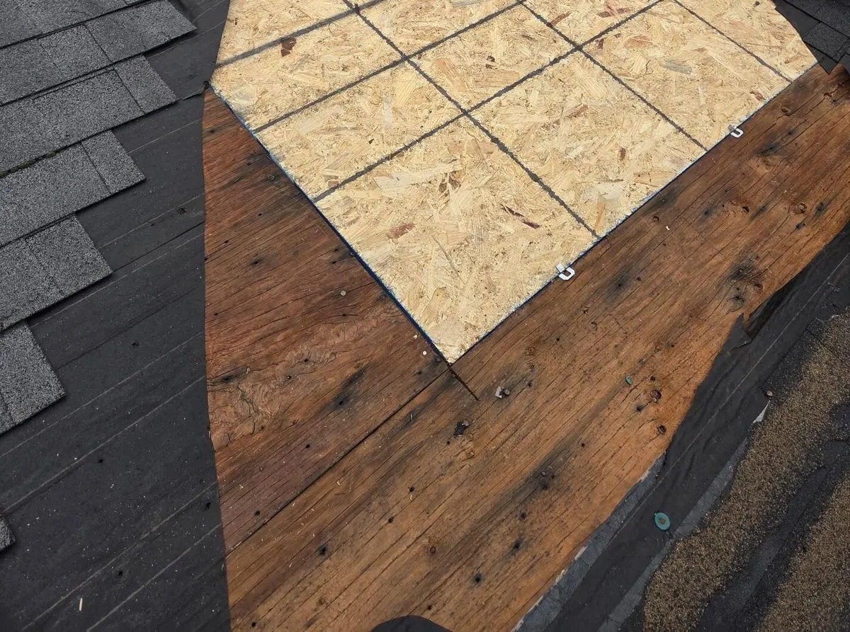 New OSB decking installed in the leak area of the rear roof slope during the Groveport, Ohio repair