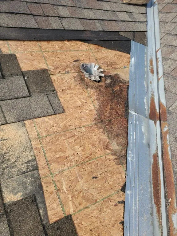 Water-damaged decking beside the metal valley during a Hilliard, Ohio repair