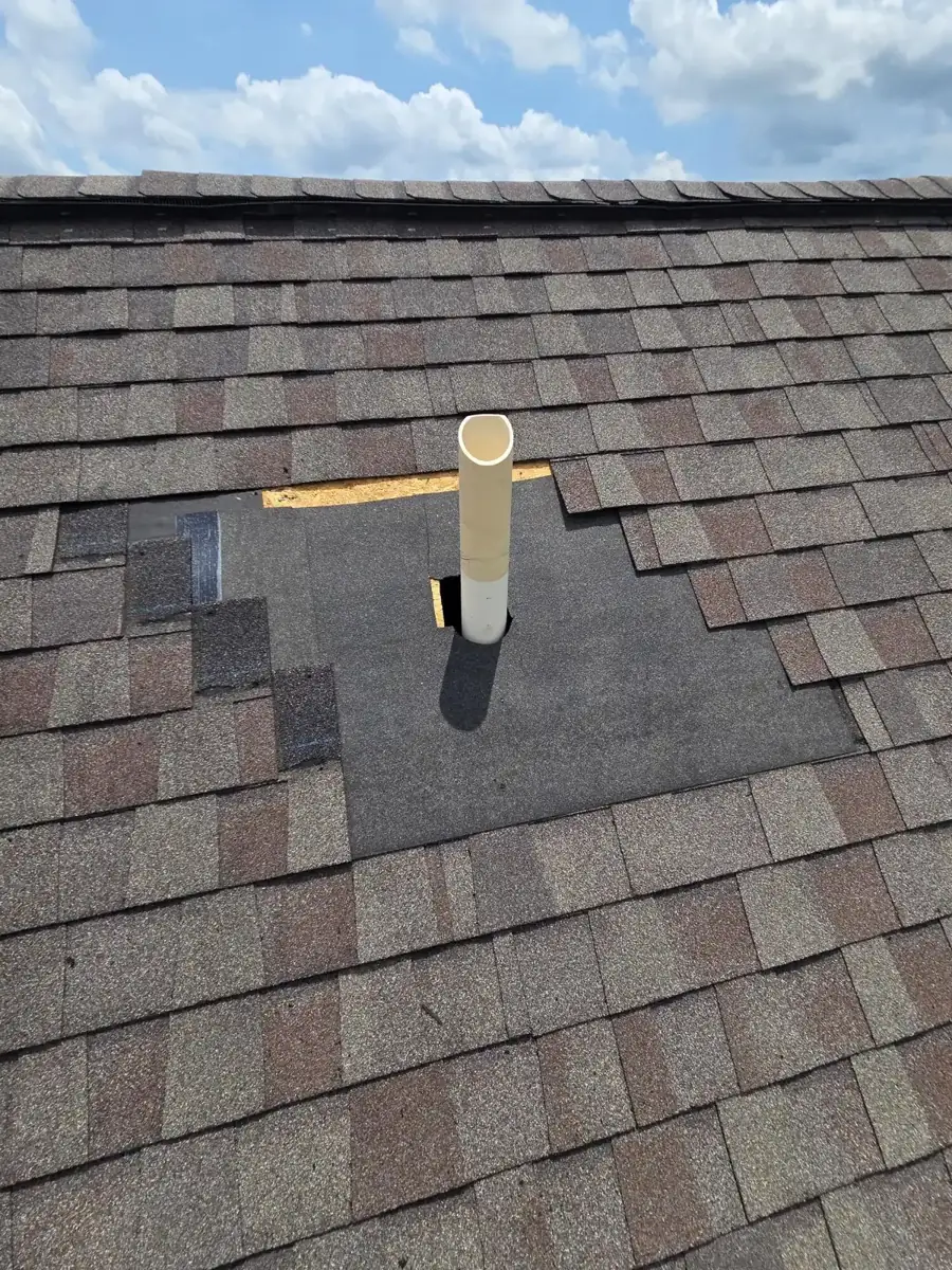 New underlayment around a vent pipe during a Hilliard, Ohio pipe boot repair