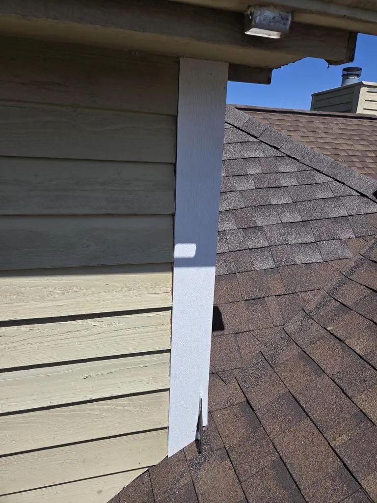 New PVC trim board at the roof-to-wall junction in Powell, Ohio