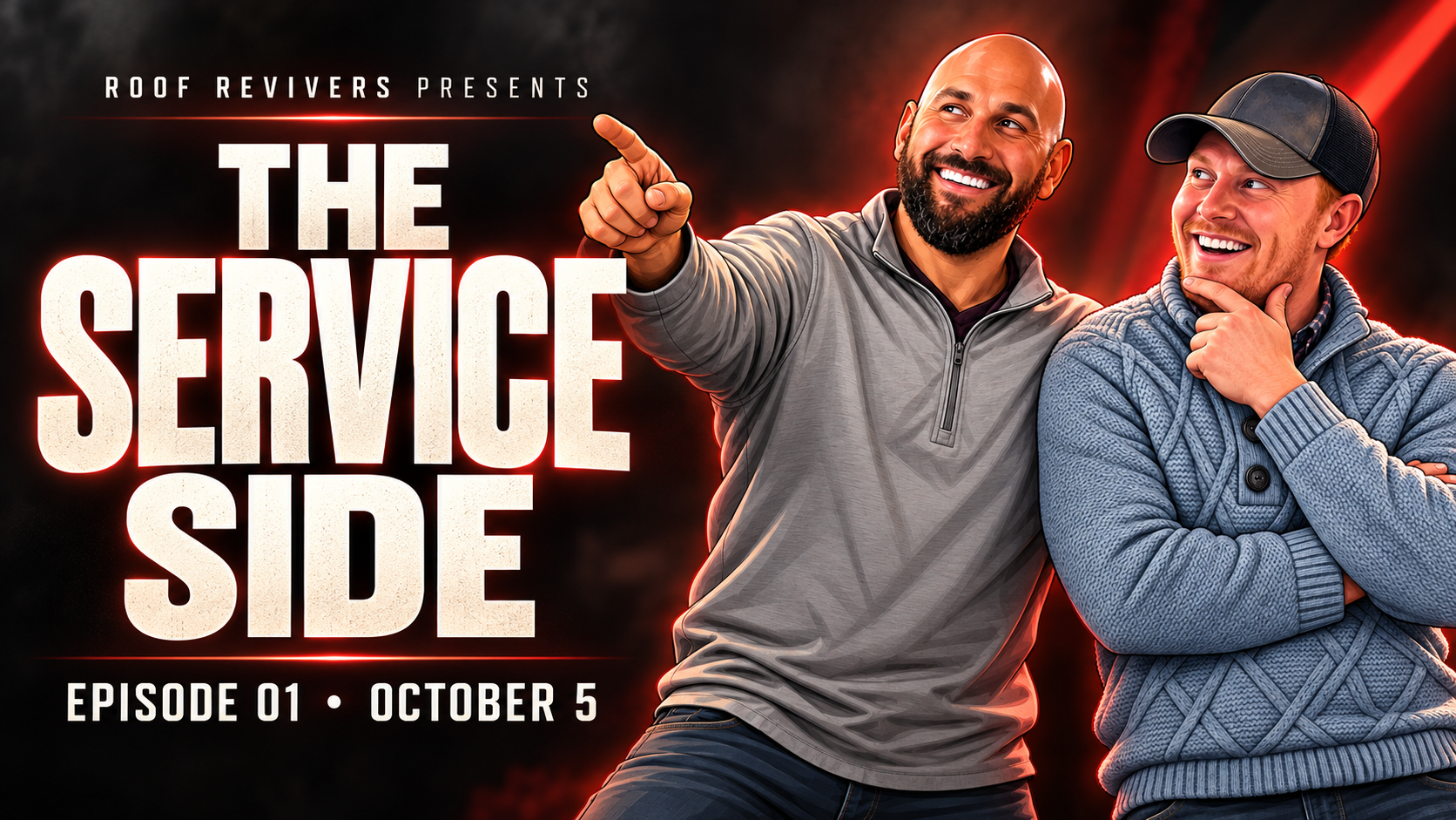 The Service Side Episode One launch thumbnail featuring illustrated hosts Reed and Joey, October 5