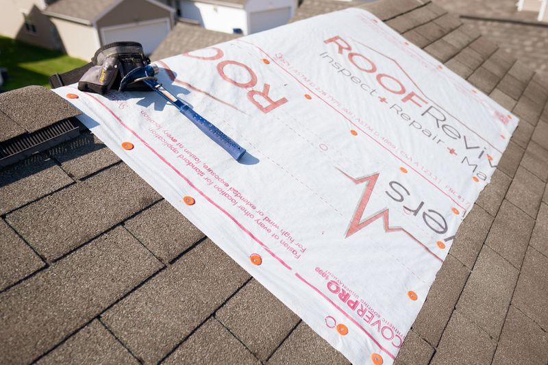 Roof repair materials laid out on a shingle roof